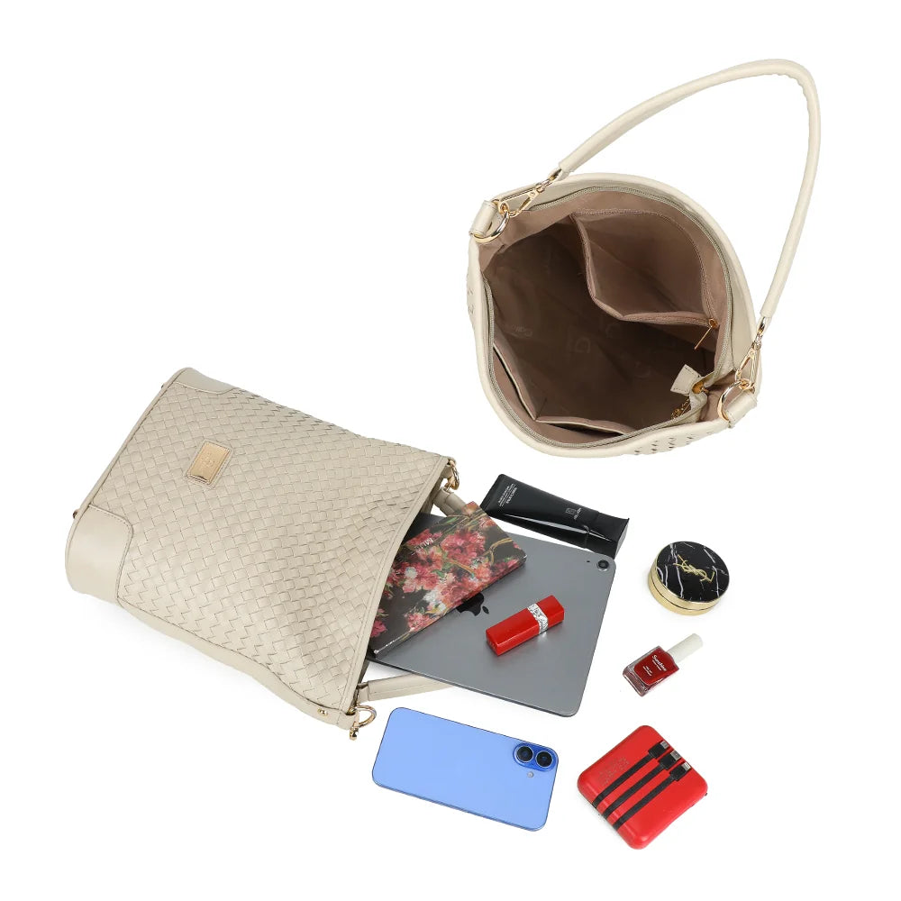 Intérieur du Bellina taupe : poches plaquées, poche zippée et place pour une tablette – réf. M-9271-10