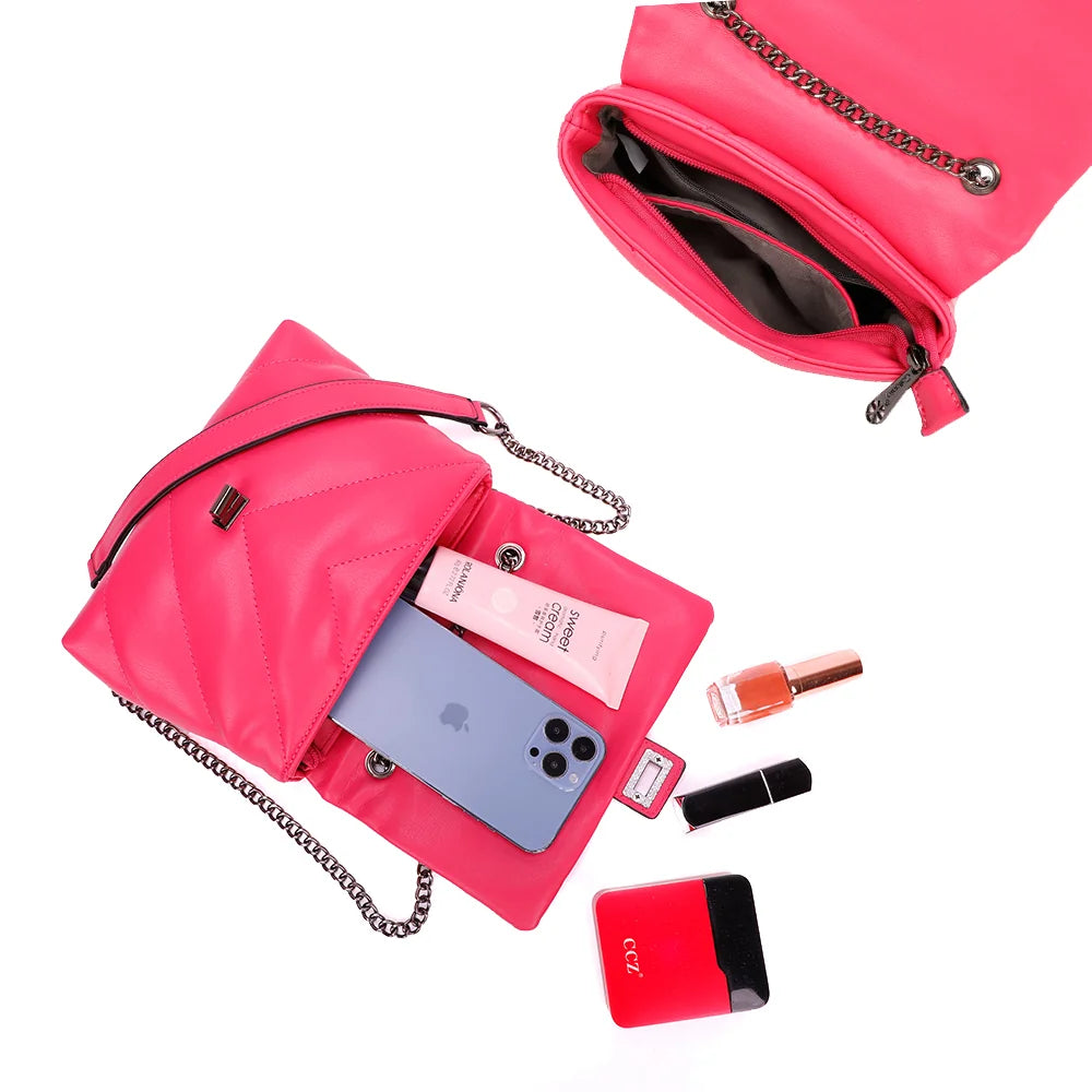 Intérieur du Bianca fuschia : compartiment zippé sous le rabat pour téléphone et essentiels – réf. R-1583