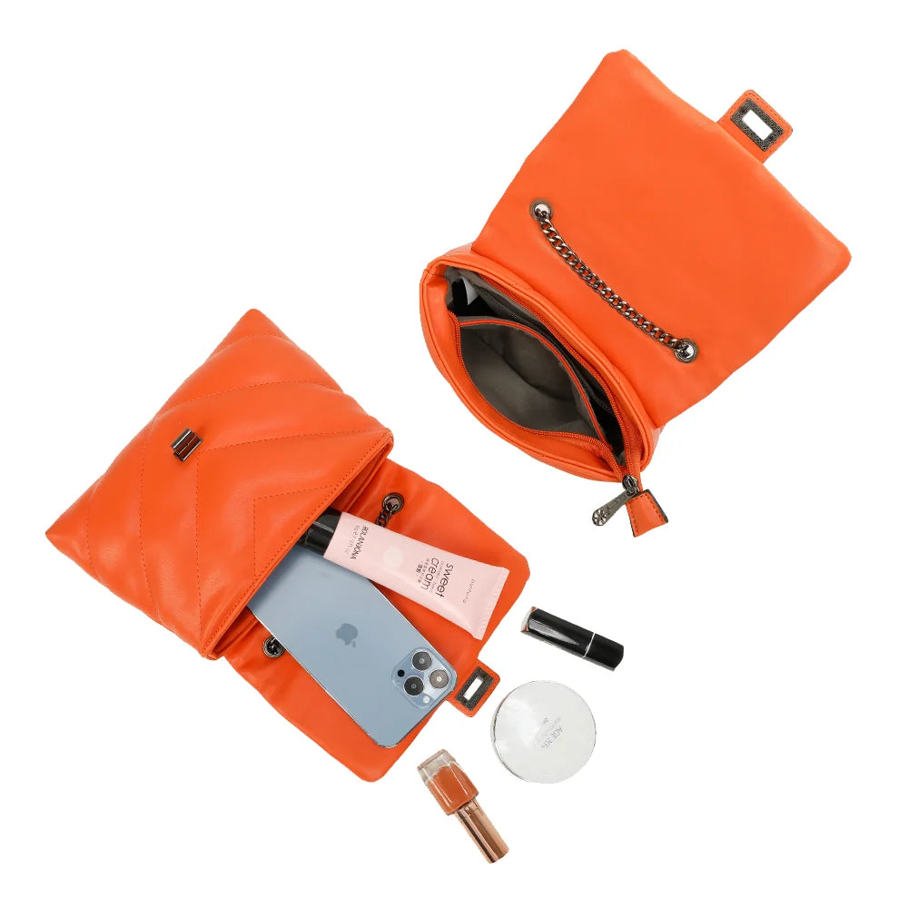 Intérieur du Bianca orange : compartiment zippé sous le rabat pour téléphone et essentiels – réf. R-1583