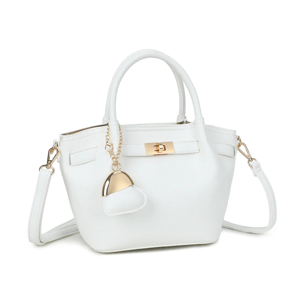 Blossom blanc vu de trois quarts : silhouette compacte évasée et patte façon ceinture à fermoir doré – réf. A-9149