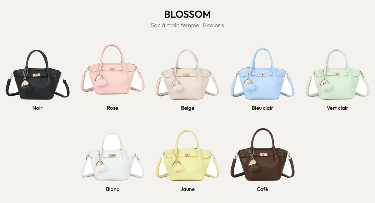 Sac à main Blossom en simili cuir grainé dans ses 8 coloris : noir, rose, beige, bleu clair, vert clair, blanc, jaune et coffee – Gallantry Paris – réf. A-9149