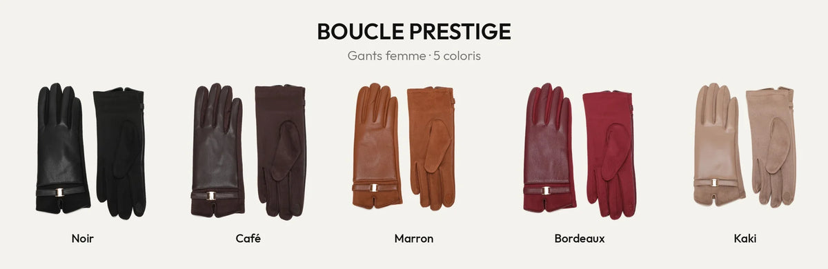 Gants femme Boucle Prestige en Noir, Coffee, Marron, Bordeaux et Khaki – Gallantry Paris – réf. PT-77004