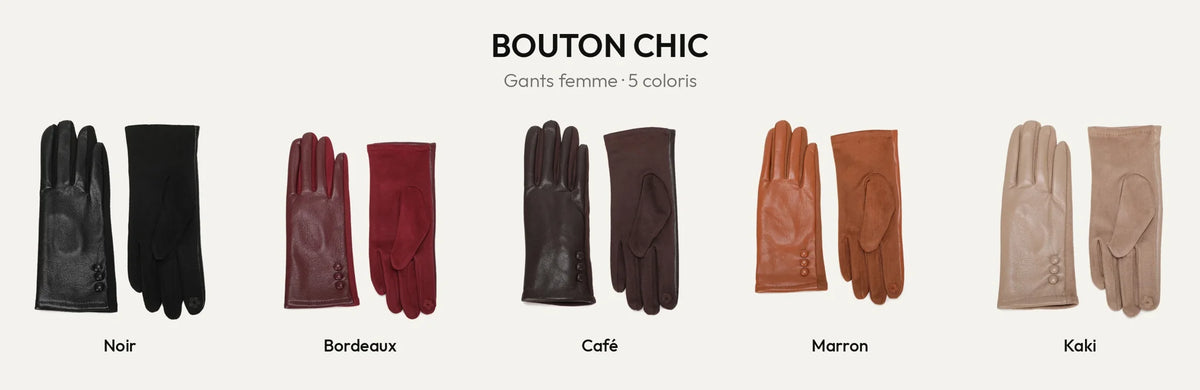 Gants femme Bouton Chic en 5 coloris : Noir, Bordeaux, Coffee, Marron, Khaki – Gallantry Paris – réf. HZ-77003