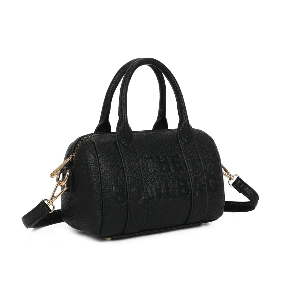 Bowlbag mini noir de trois quarts : silhouette arrondie de sac bowling et fermeture éclair dorée – réf. R-1995