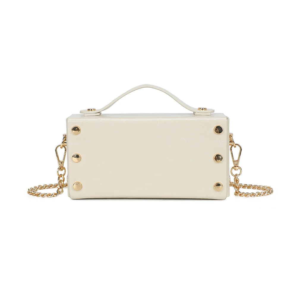 Dos du Boxy beige, lignes nettes et poignée supérieure fixée par rivets dorés – réf. MW-24001