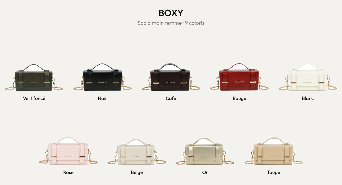 Le sac à main Boxy en 9 coloris : vert foncé, noir, coffee, rouge, blanc, rose, beige, or et taupe – Gallantry Paris – réf. MW-24001