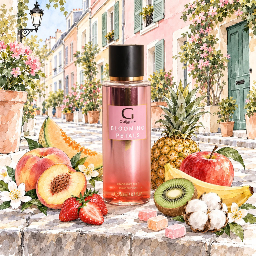 Blooming Petals, brume parfumée Gallantry Paris, entourée de fruits rue Crémieux au printemps, illustration créée avec l'IA
