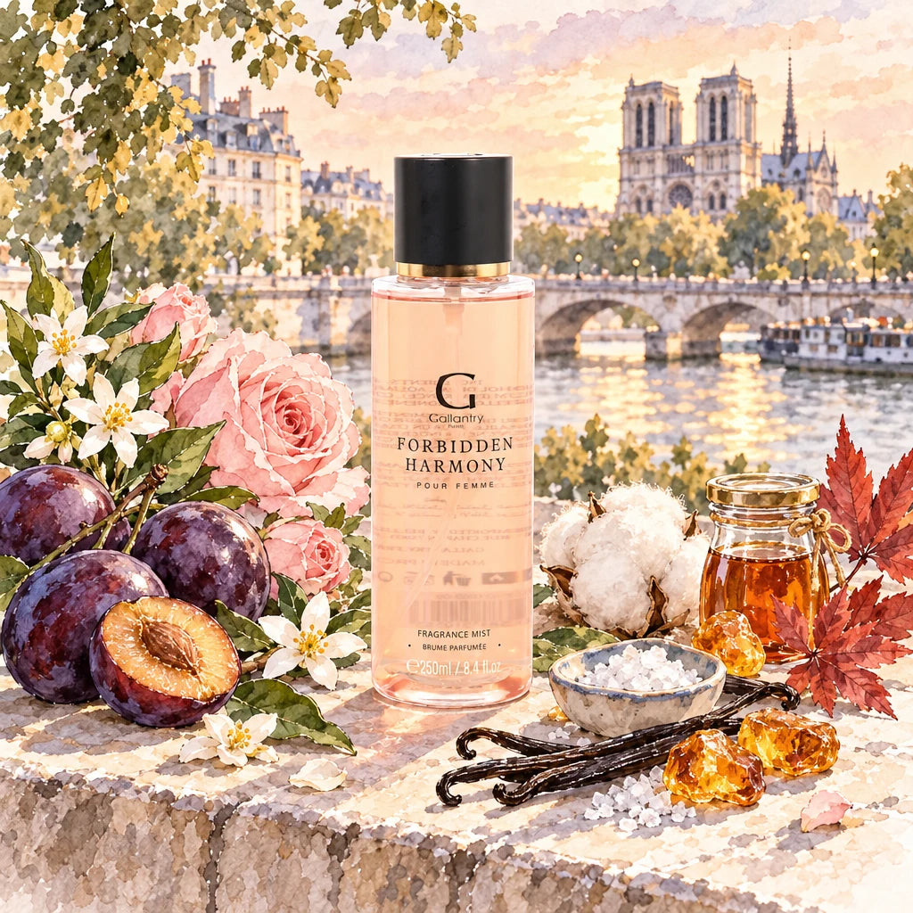 Brume parfumée Forbidden Harmony à la pointe de l'île Saint-Louis, prunes et roses, illustration créée avec l'IA