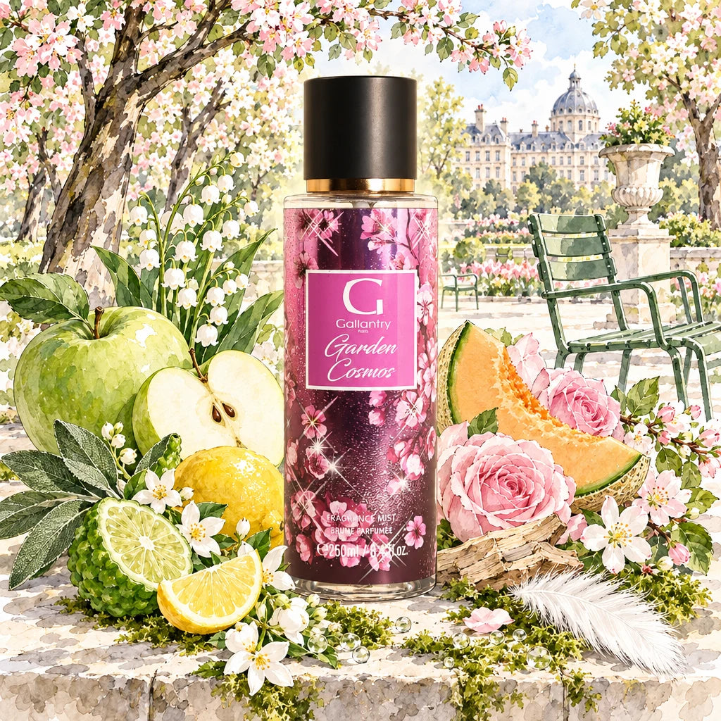 Garden Cosmos, brume parfumée Gallantry Paris, dans un verger fleuri du Luxembourg, illustration créée avec l'IA