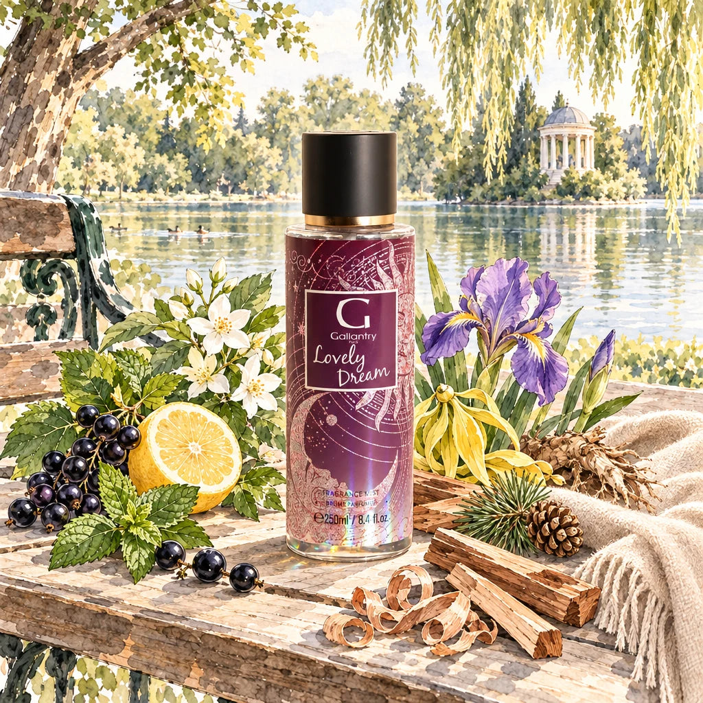 Brume parfumée Lovely Dream au bord du lac Daumesnil, entourée de cassis et de jasmin – illustration créée avec l'IA