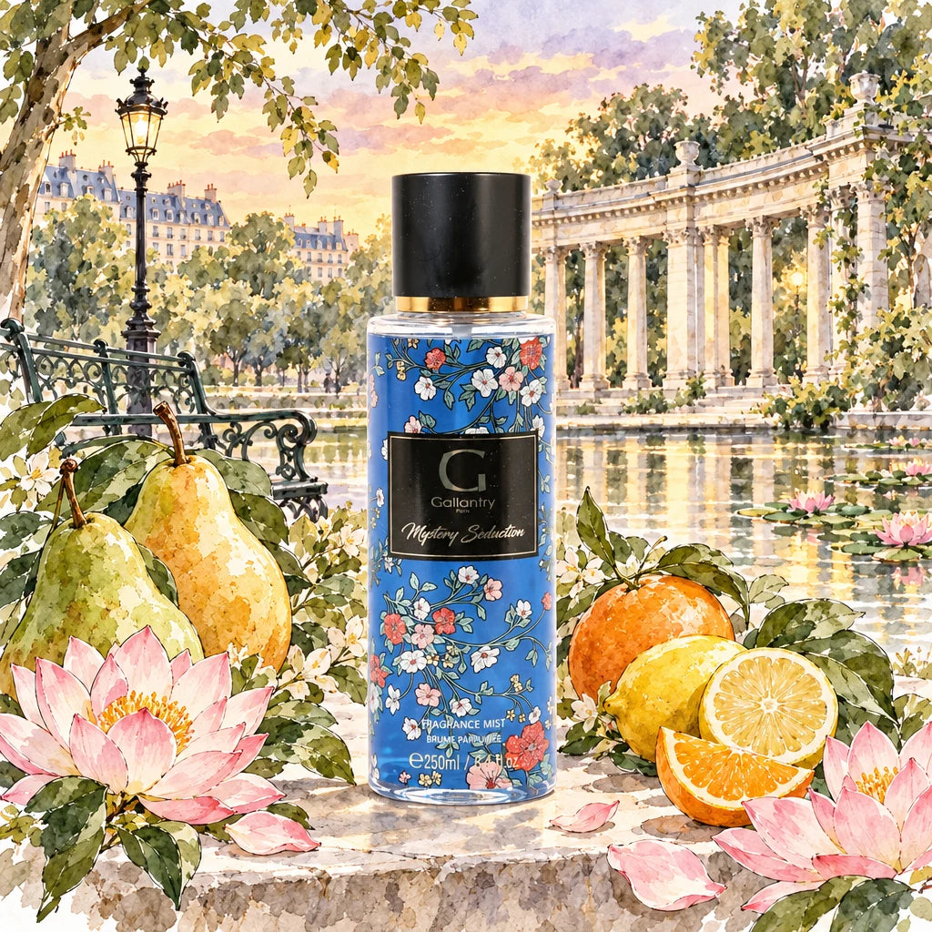 Mystery Seduction, brume parfumée, entourée de poires, lotus et agrumes au parc Monceau – illustration créée avec l'IA