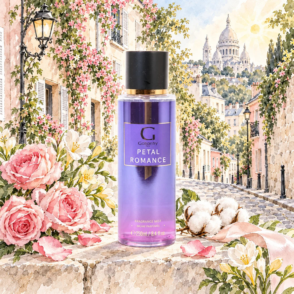 Flacon de la brume parfumée Petal Romance, rue de l'Abreuvoir à Montmartre – illustration créée avec l'IA