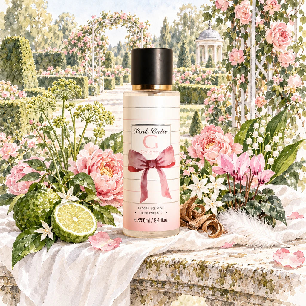 Pink Cutie, brume parfumée Gallantry, entourée de roses et feuillages à Bagatelle – illustration créée avec l'IA