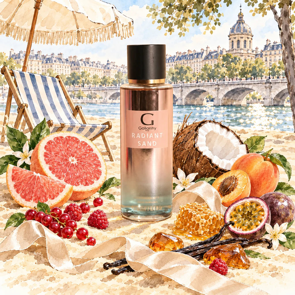 Radiant Sand, brume parfumée Gallantry entourée de fruits sur le sable de Paris Plages, illustration créée avec l'IA