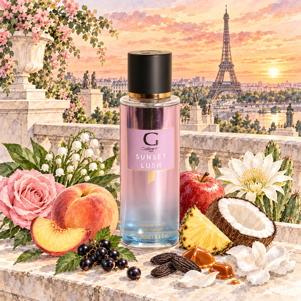 Brume parfumée Sunset Lush entourée de pêche, rose et noix de coco au Trocadéro, illustration créée avec l'IA