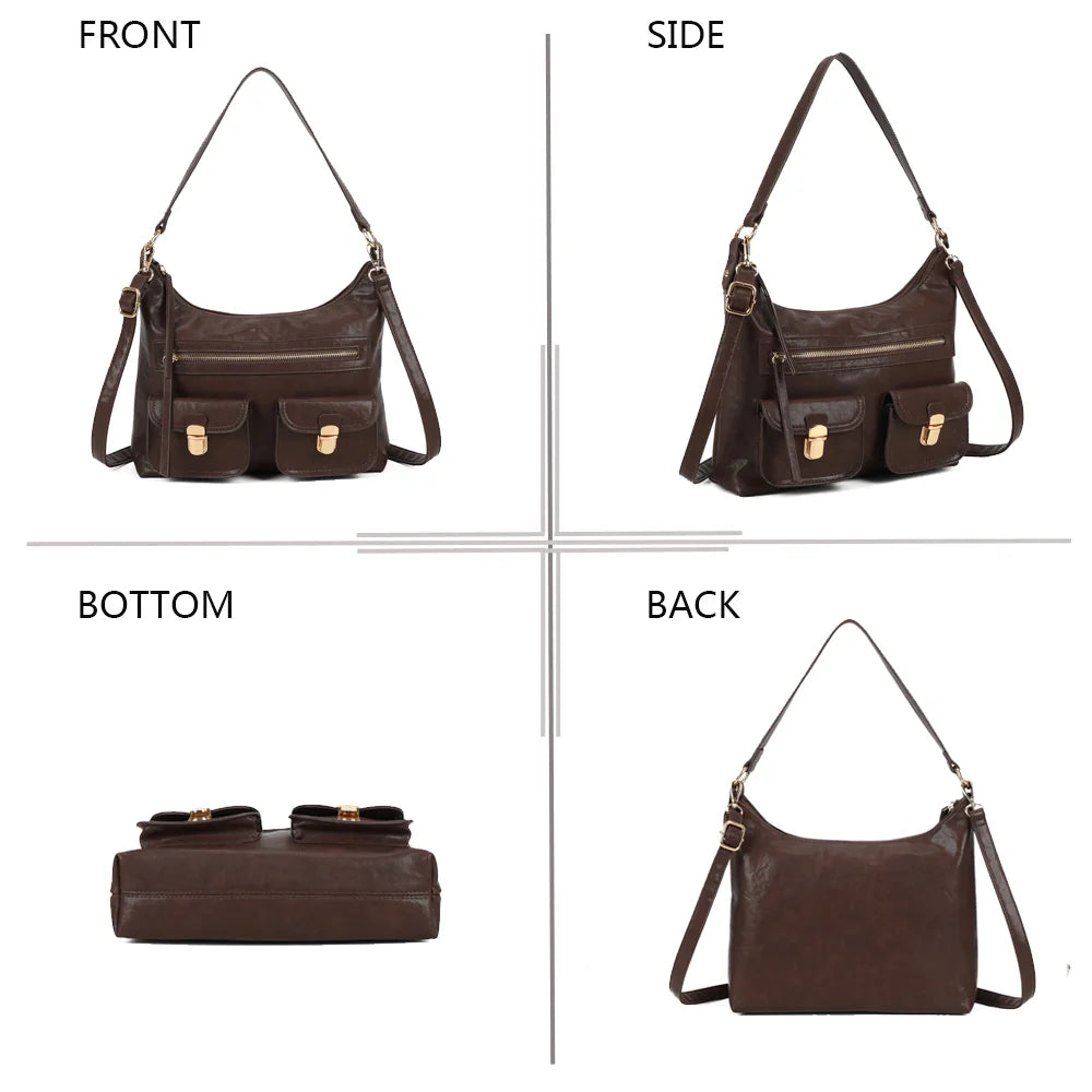 Calista café sous quatre angles : face, profil, dessous et dos du sac – réf. A-9131
