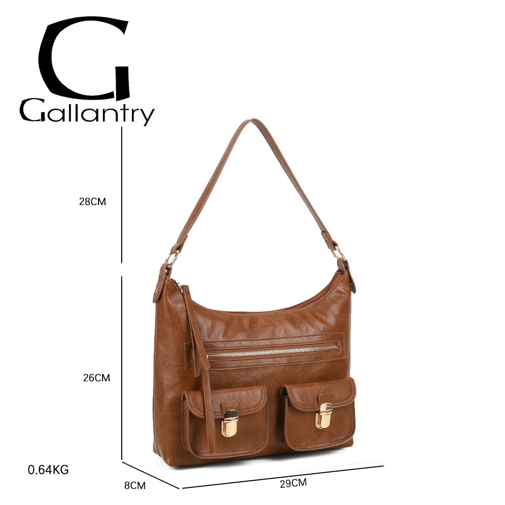 Dimensions du Calista marron : 29 × 8 × 26 cm, anse de 28 cm, poids 0,64 kg – réf. A-9131
