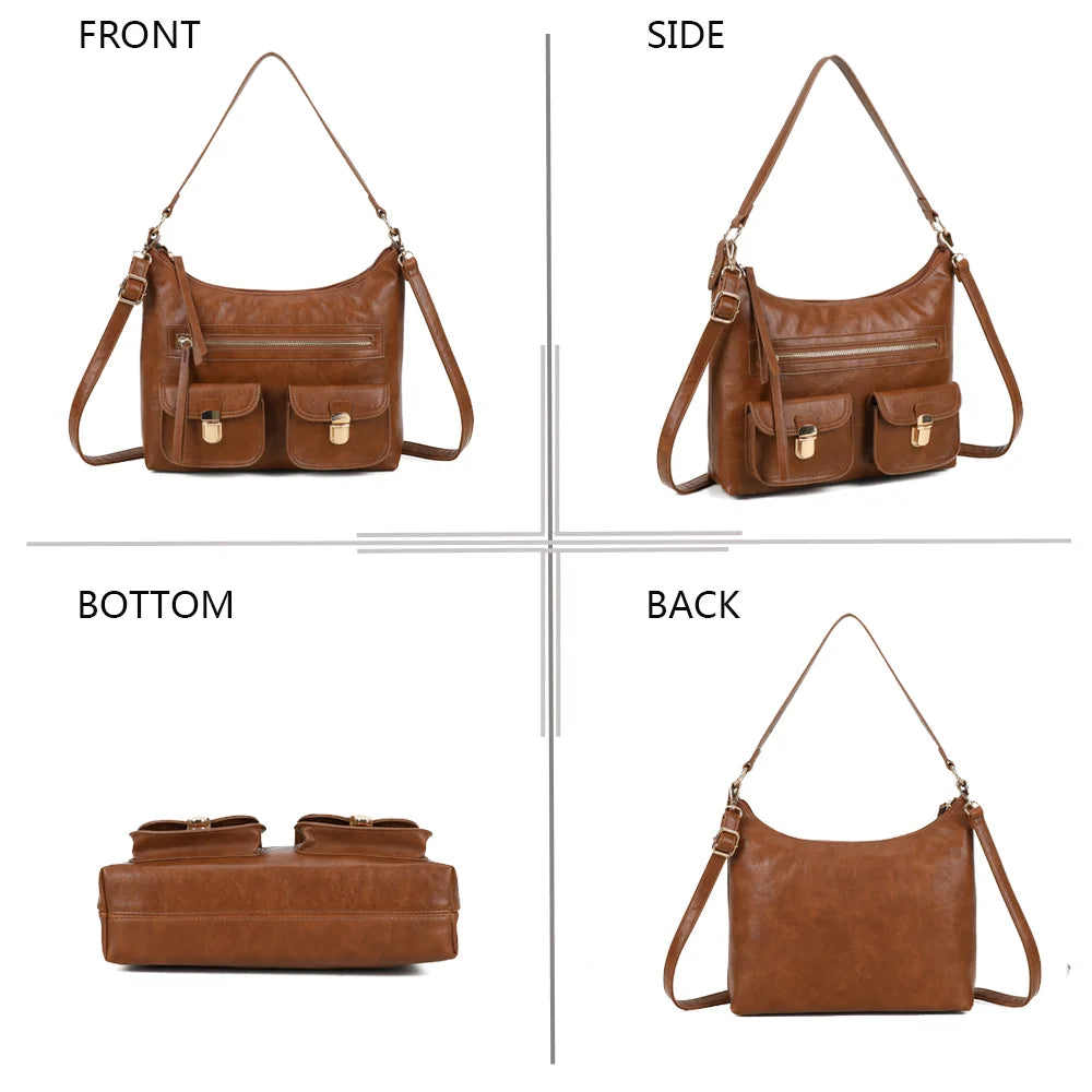 Calista marron sous quatre angles : face, profil, dessous et dos du sac – réf. A-9131