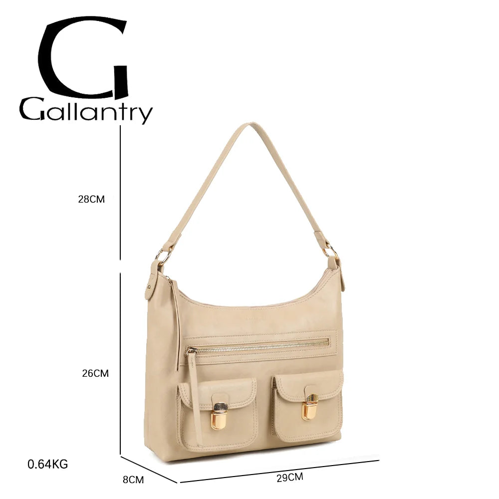 Dimensions du Calista taupe : 29 × 8 × 26 cm, anse de 28 cm, poids 0,64 kg – réf. A-9131