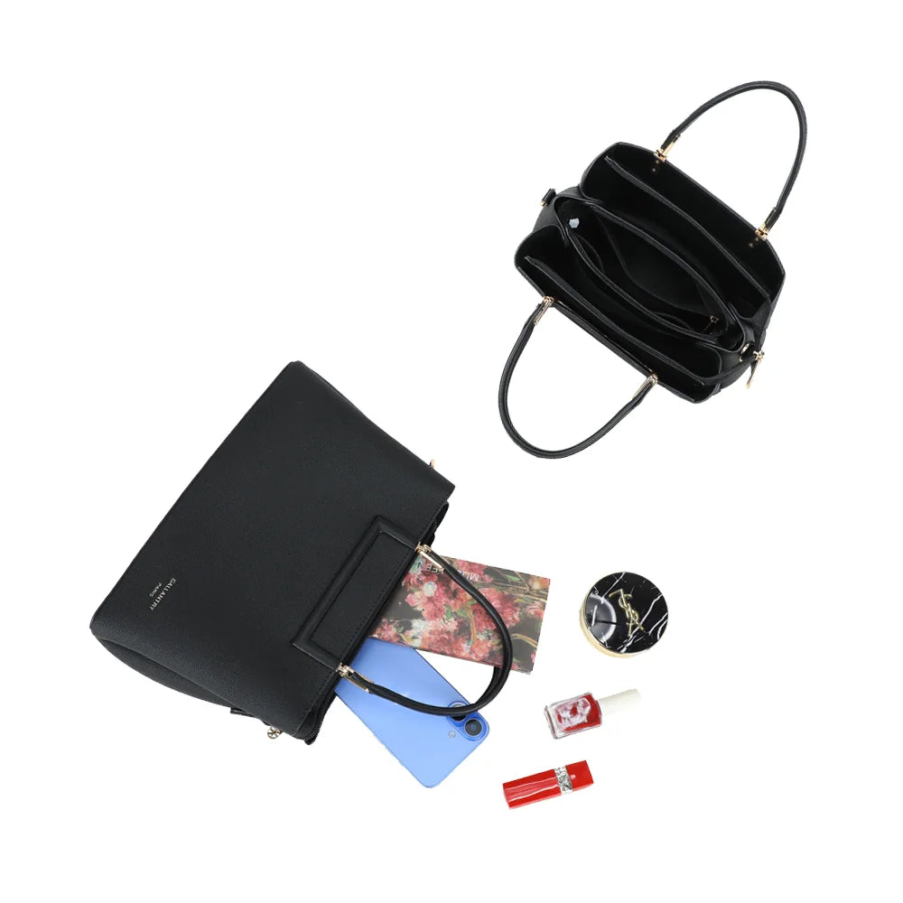 Intérieur du Cambridge noir organisé en trois compartiments pour téléphone et maquillage – réf. DQ-8728
