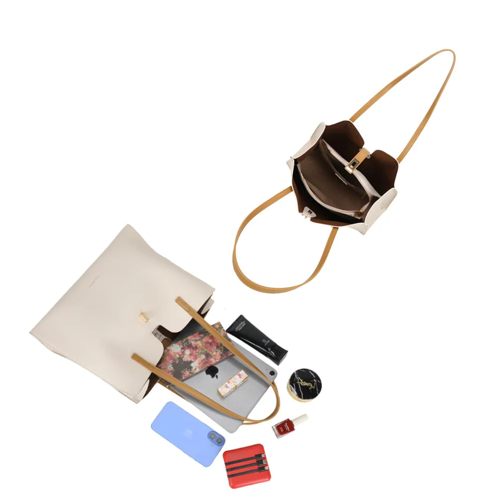 Intérieur du Camélia beige : grand compartiment, poche zippée et poche plaquée pour s’organiser – réf. MW-24002
