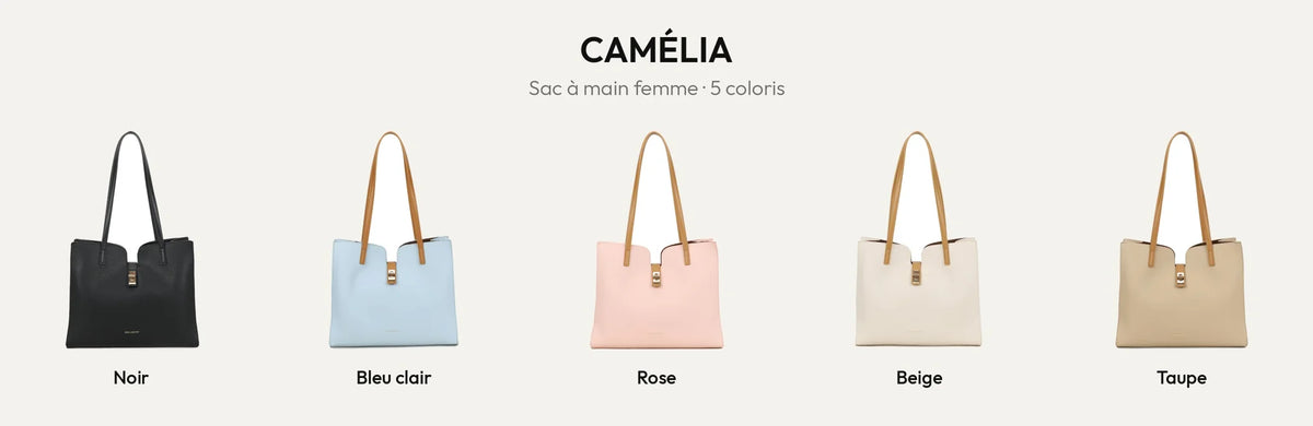 Sac à main femme Camélia en simili cuir grainé, en noir, bleu clair, rose, beige et taupe – Gallantry Paris – réf. MW-24002