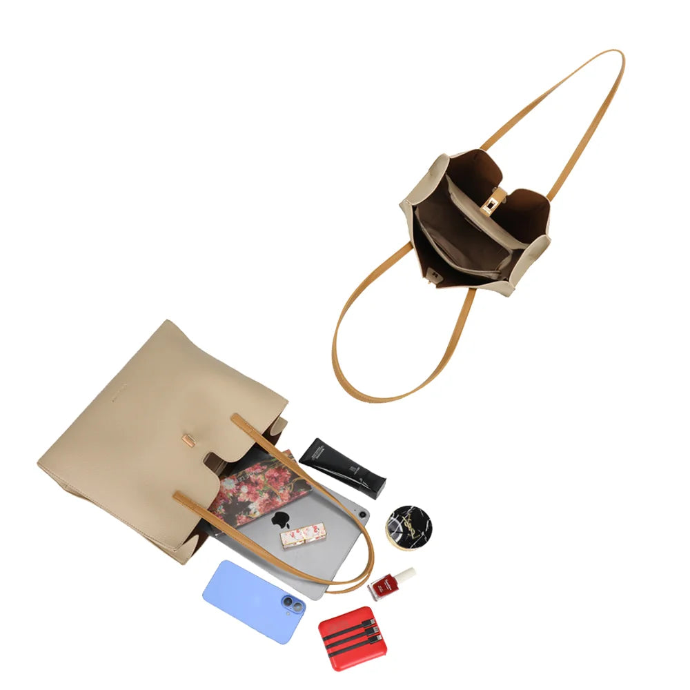 Intérieur du Camélia taupe : grand compartiment, poche zippée et poche plaquée pour s’organiser – réf. MW-24002