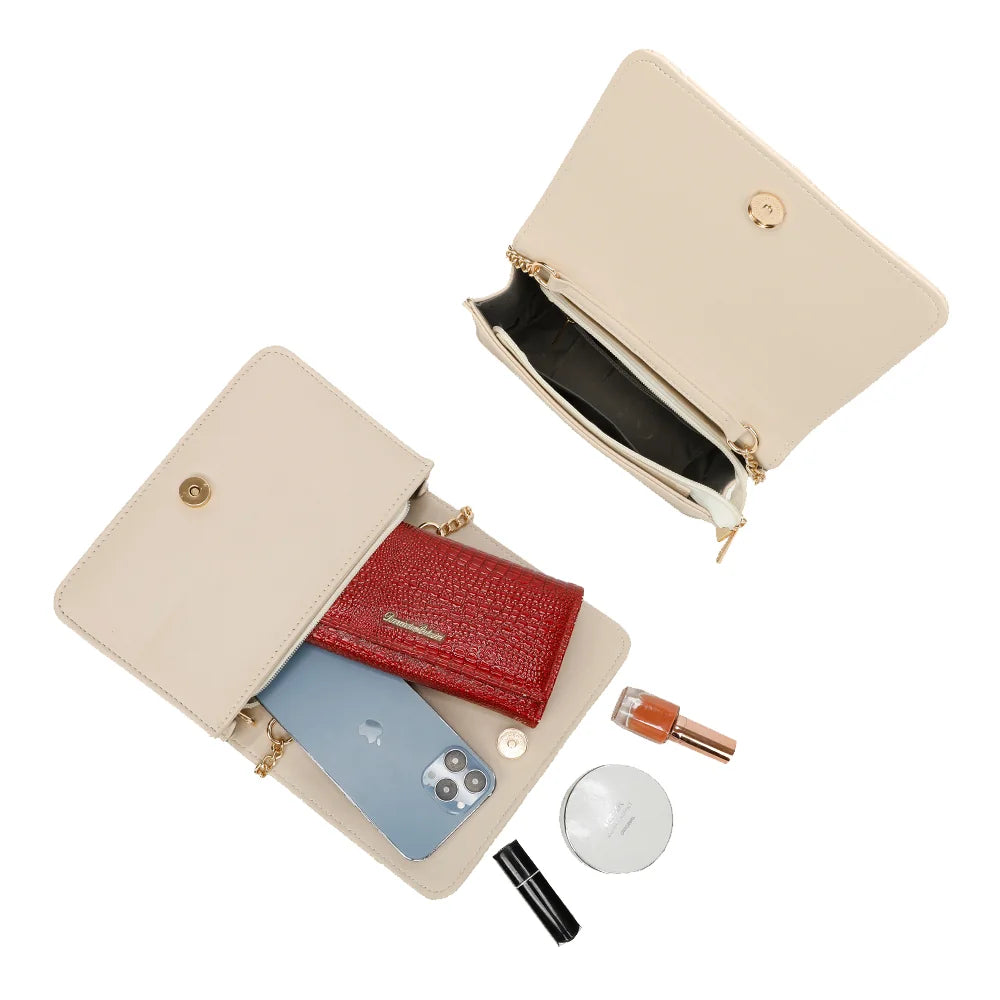 Intérieur du Camille beige : rabat à bouton-pression doré et poche zippée pour smartphone et essentiels – réf. C-0154