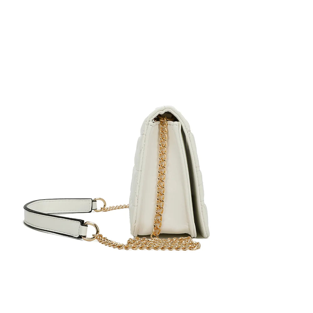 Profil du Camille blanc : format compact de 8 cm de profondeur et attaches de la chaîne dorée – réf. C-0154