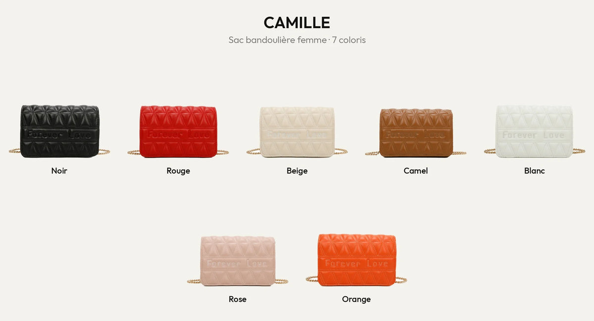 Sac bandoulière Camille matelassé dans ses 7 coloris : noir, rouge, beige, camel, blanc, rose et orange – Gallantry Paris – réf. C-0154