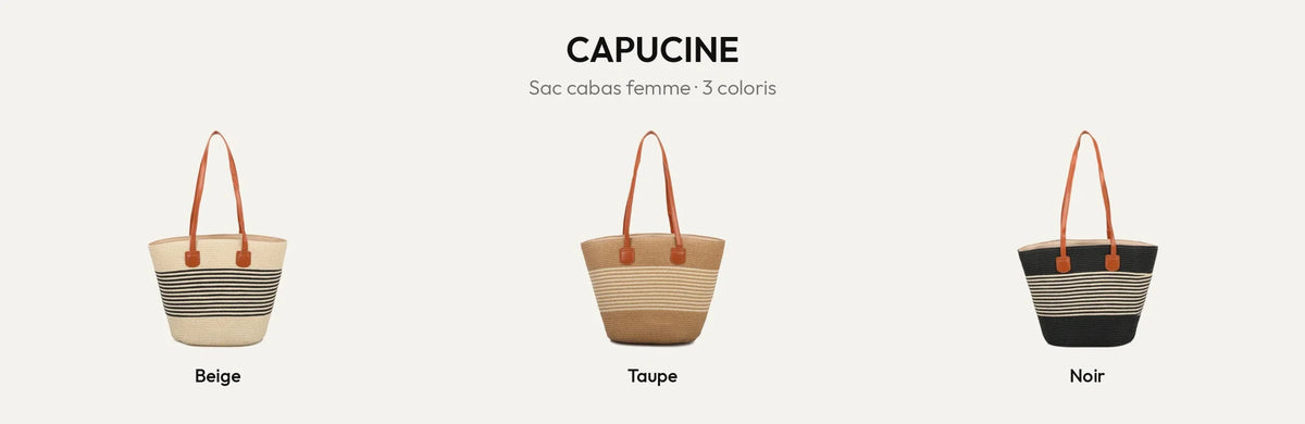 Sac cabas Capucine en matière tressée à rayures, en Beige, Taupe et Noir – Gallantry Paris – réf. JA-29001