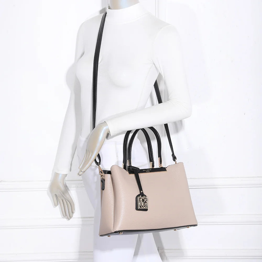 Sac à main femme Carmine taupe porté, à la main ou en bandoulière avec sa sangle amovible – réf. DQ-8551-4