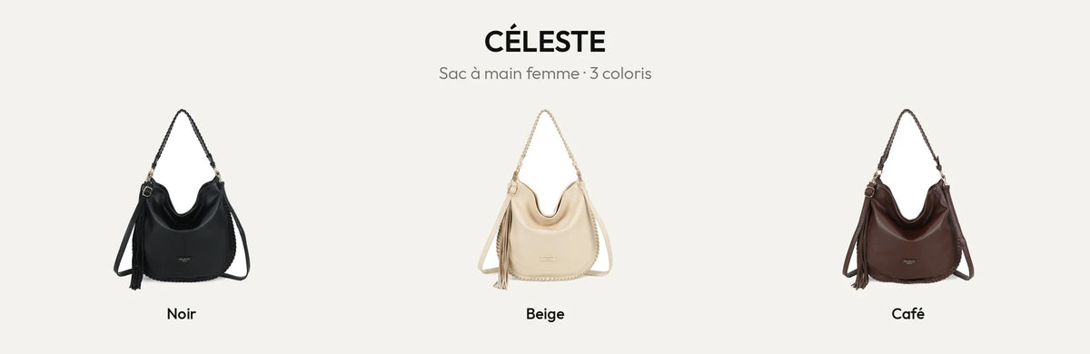 Sac à main hobo femme Céleste en simili cuir grainé, coloris Noir, Beige et Coffee – Gallantry Paris – réf. JC-53006