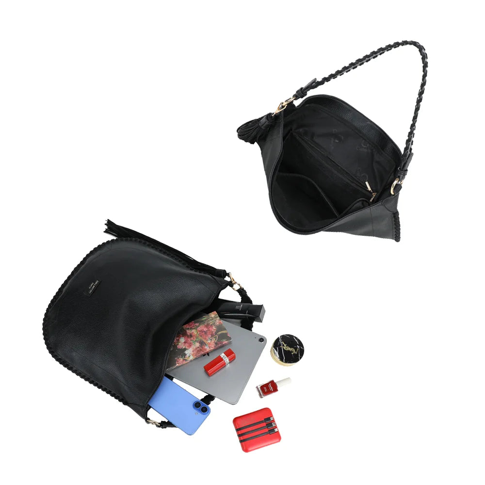 Intérieur du Céleste noir : grand volume pour tablette et téléphone, avec poche zippée intérieure – réf. JC-53006