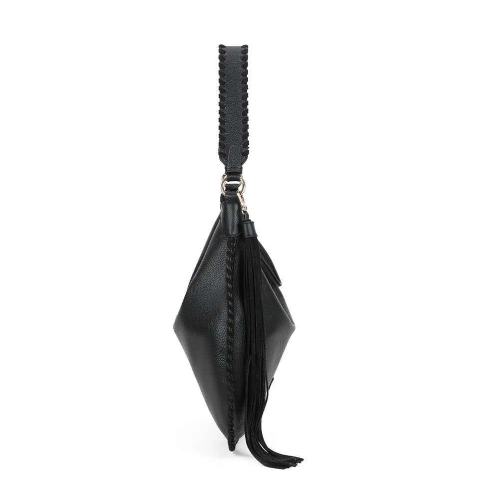 Profil du Céleste noir : format plat de 3 cm de profondeur et anse d’épaule tressée à attaches dorées – réf. JC-53006