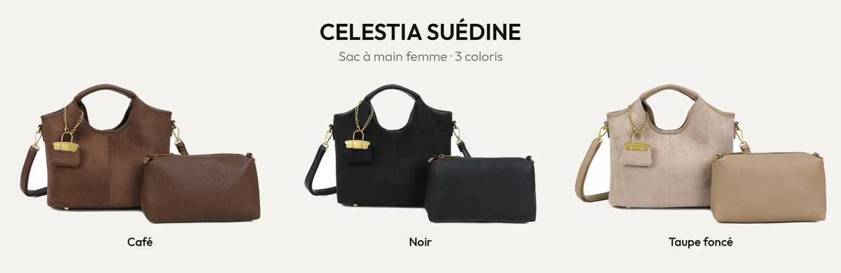 Sac à main Celestia Suédine en coloris Coffee, Noir et D.Taupe – Gallantry Paris – réf. KJ-62074