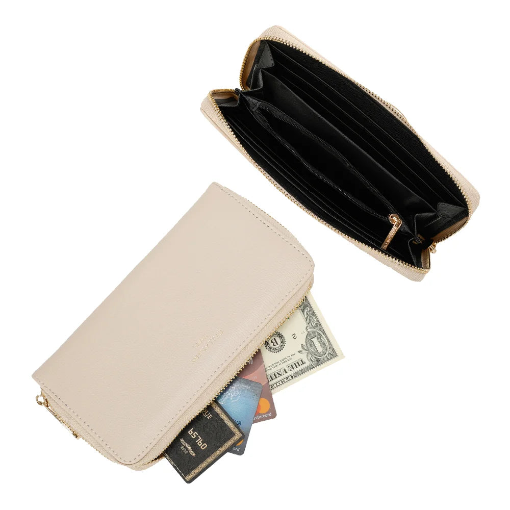 Intérieur du Celia Zip beige : emplacements pour cartes, espaces billets et poche centrale zippée – réf. L-91164-19