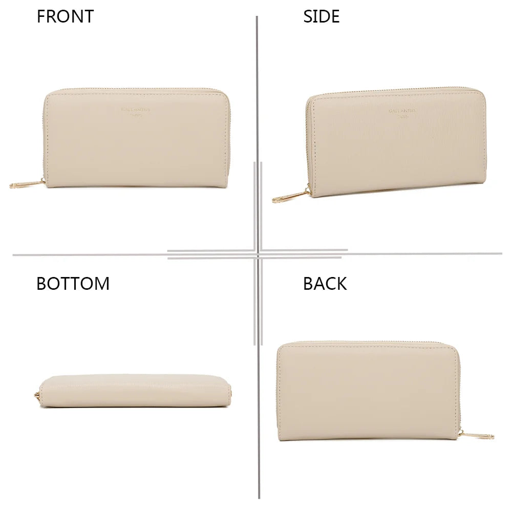 Celia Zip beige sous quatre angles : devant, côté, dessous et dos de ce portefeuille zippé – réf. L-91164-19