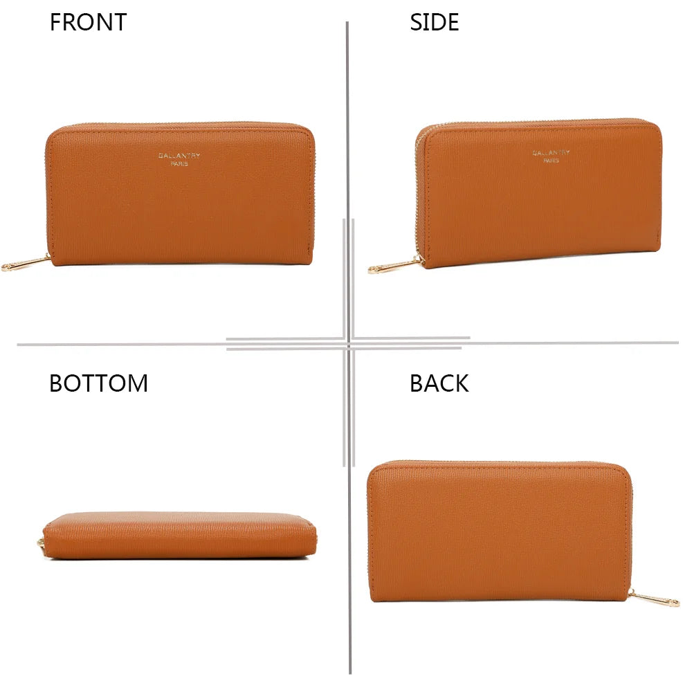 Celia Zip marron sous quatre angles : devant, côté, dessous et dos de ce portefeuille zippé – réf. L-91164-19