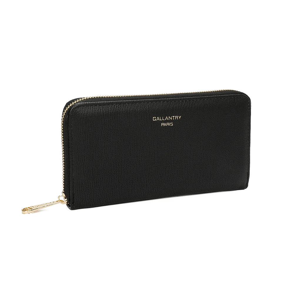 Celia Zip noir vu de trois-quarts : fine texture striée, angles arrondis et tirette dorée – réf. L-91164-19