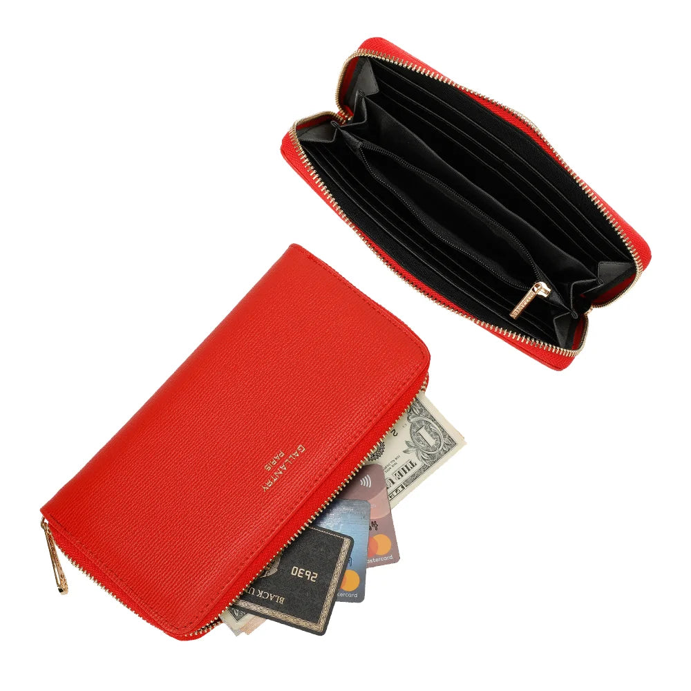 Intérieur du Celia Zip rouge : emplacements pour cartes, espaces billets et poche centrale zippée – réf. L-91164-19