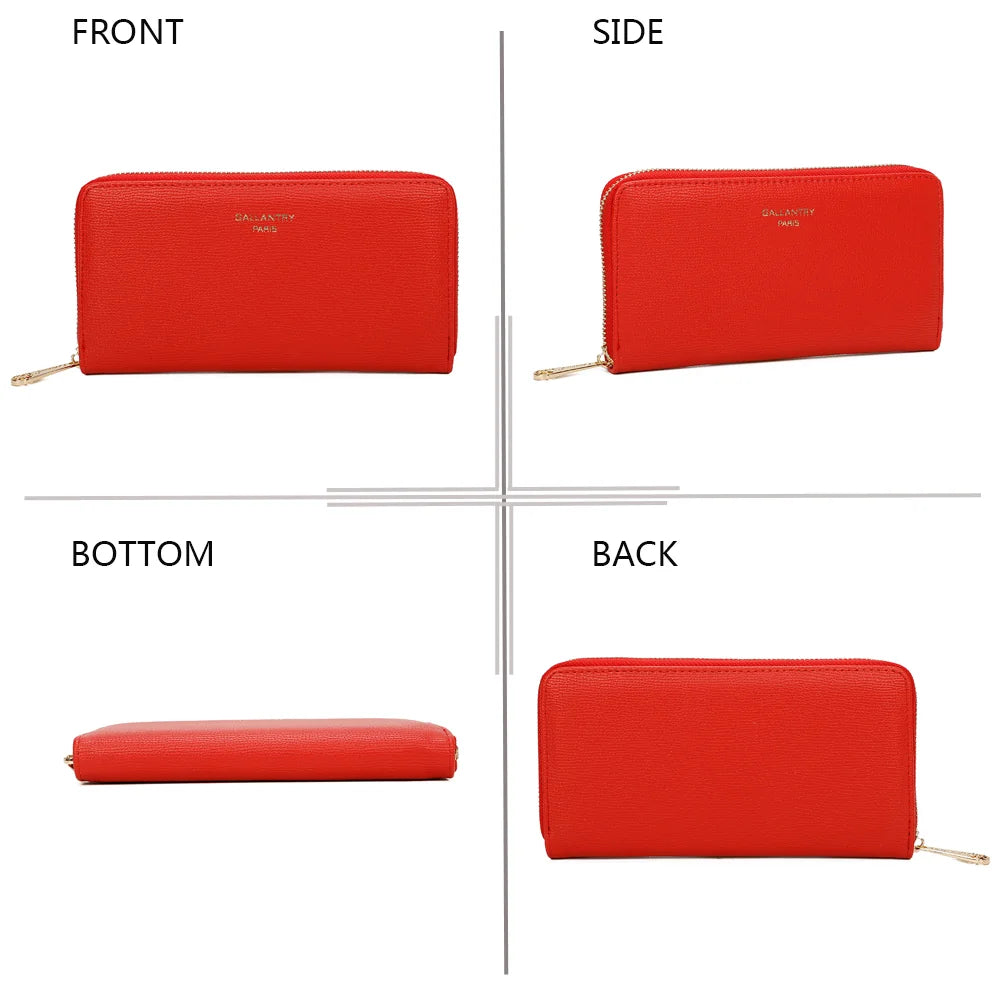 Celia Zip rouge sous quatre angles : devant, côté, dessous et dos de ce portefeuille zippé – réf. L-91164-19