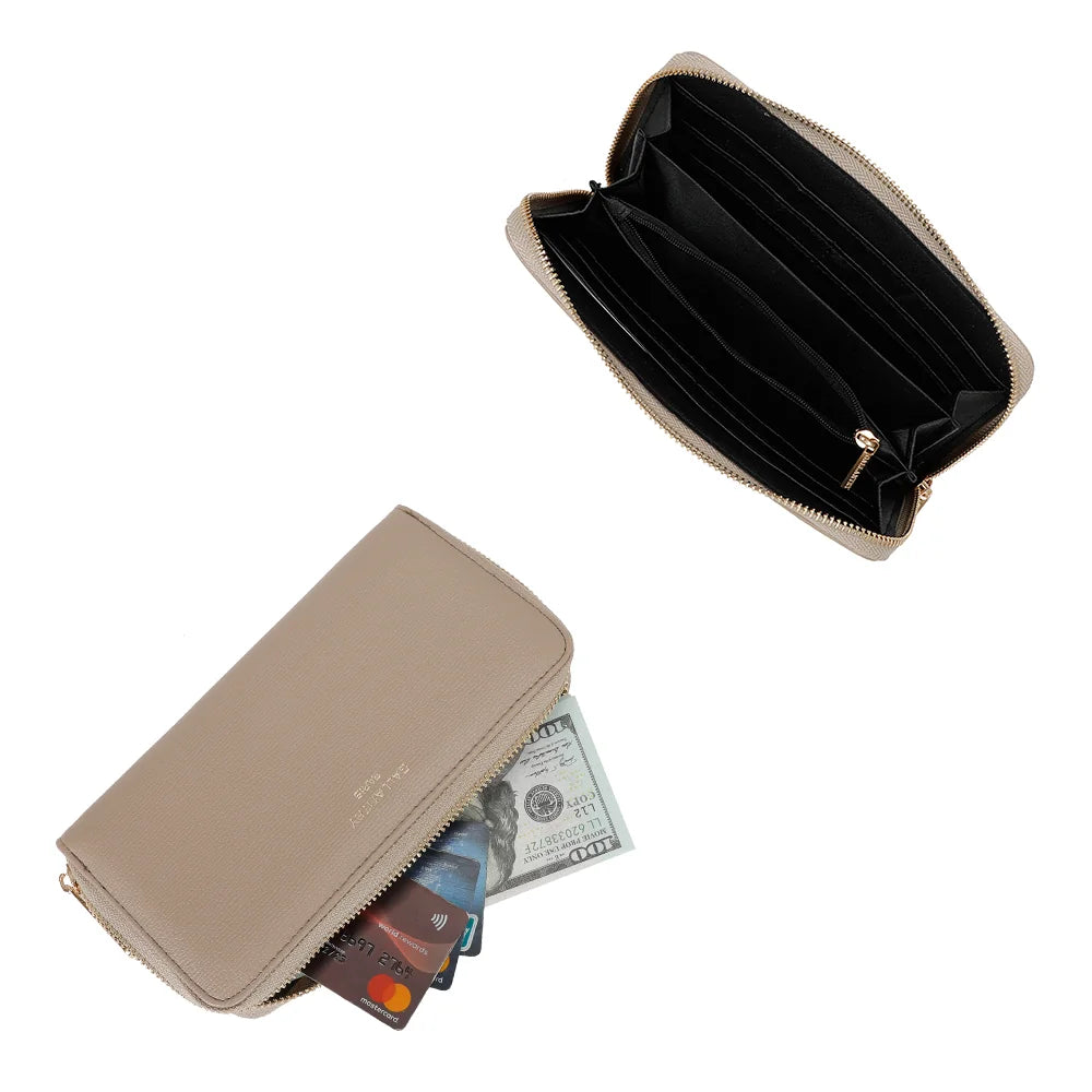 Intérieur du Celia Zip taupe : emplacements pour cartes, espaces billets et poche centrale zippée – réf. L-91164-19