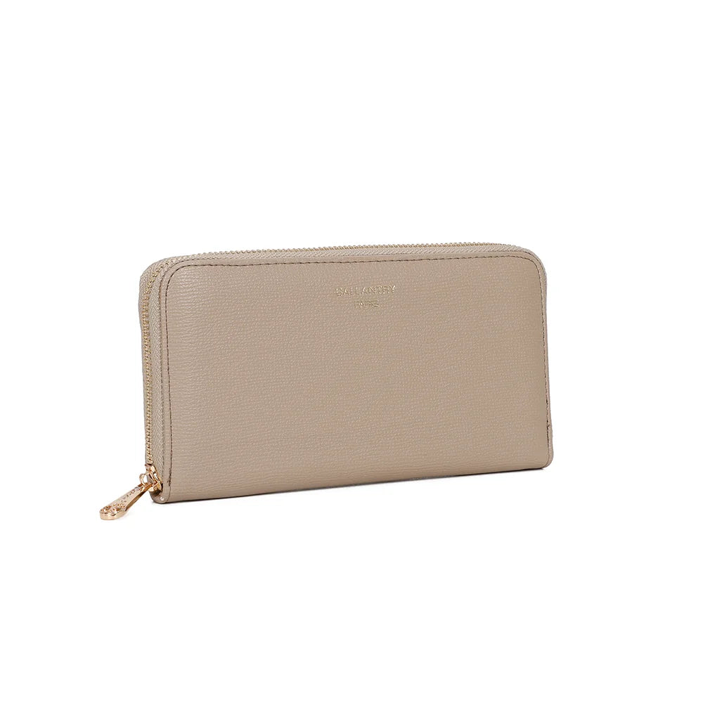 Celia Zip taupe vu de trois-quarts : fine texture striée, angles arrondis et tirette dorée – réf. L-91164-19