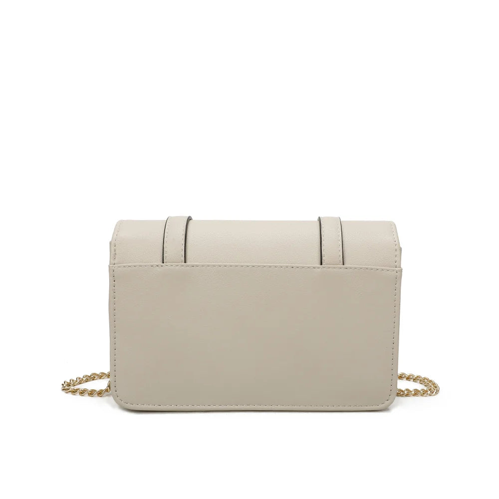 Vue de dos du Chic Intemporel beige : silhouette rectangulaire compacte et chaîne dorée – réf. C-0156