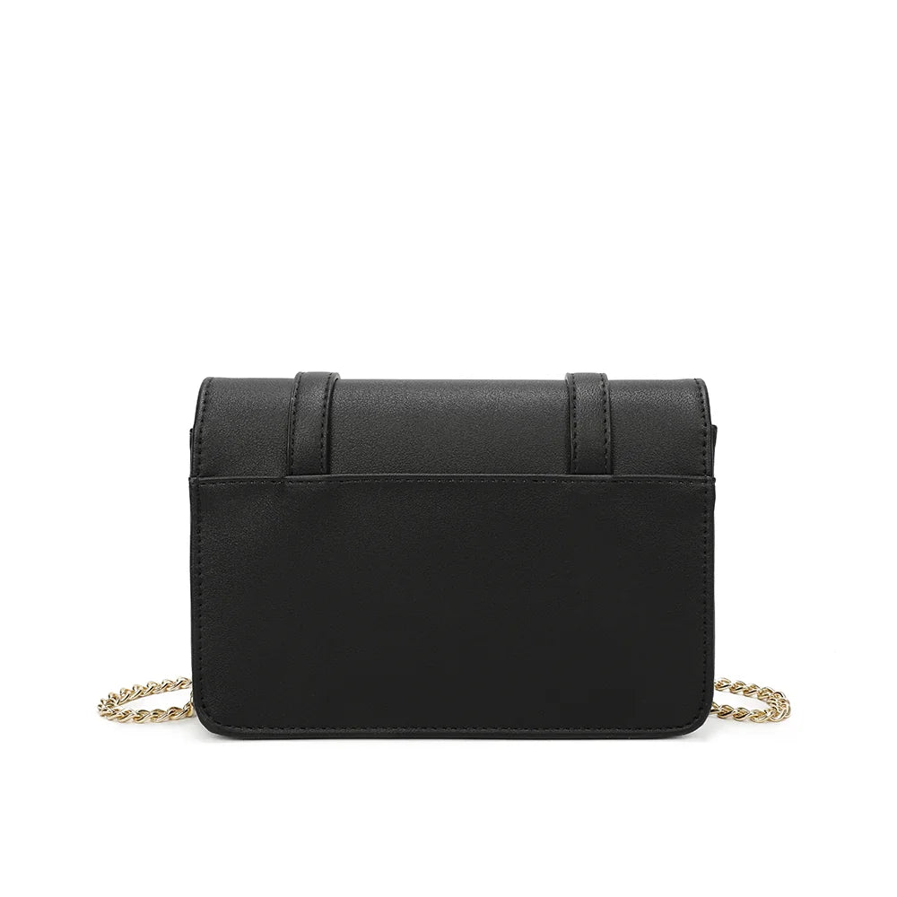 Vue de dos du Chic Intemporel noir : silhouette rectangulaire compacte et chaîne dorée – réf. C-0156