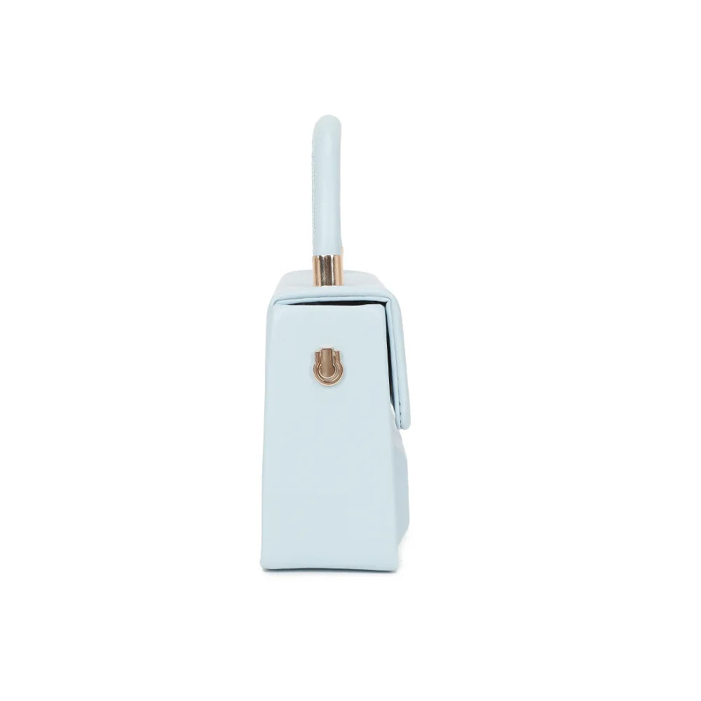 Profil du ChocoLuxe bleu clair : 7 cm de profondeur et anneau doré pour accrocher la bandoulière – réf. YL-26001