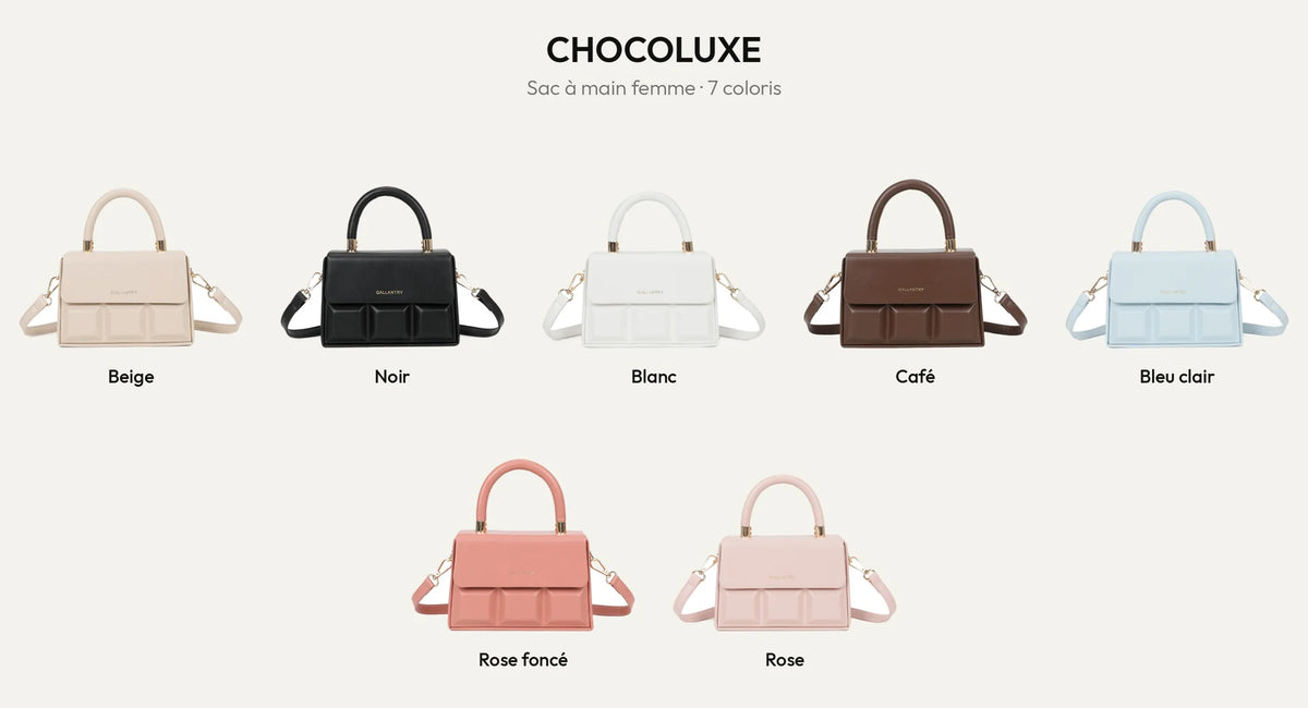 Sac à main ChocoLuxe en 7 coloris : Beige, Noir, Blanc, Coffee, Bleu Clair, Rose foncé et Rose – Gallantry Paris – réf. YL-26001