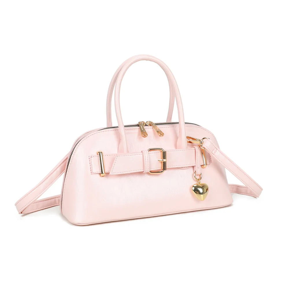 Cintura rose vu de trois quarts : silhouette arrondie, anses rondes et zip doré à double curseur – réf. KJ-62072