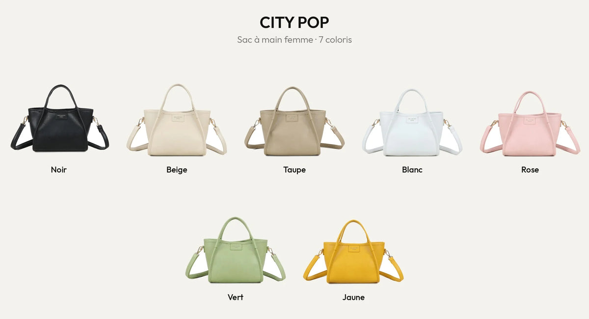Sac à main City Pop dans ses 7 coloris : noir, beige, taupe, blanc, rose, vert et jaune – Gallantry Paris – réf. R-2035